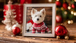 © Erika - una mesa decorada de navidad con adornos y ornamentos navideños con un porta retrato con la foto de un perro o la mascota de la familia con sueter de navidad con luces del arbol navideño