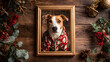 © Erika - un diseño de un fondo de madera con un marco de ramas y adornos navideños al rededor rodeando un porta retrato con la foto de una mascota de un perro con un sueter navideño decoraciones de navidad