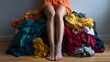 © Alexander - Humorous realistic photo of a womanâs legs sticking out from a mountain of clothes on the floor, creative concept of laundry day gone wrong, cozy wooden floor, neutral wall backgro