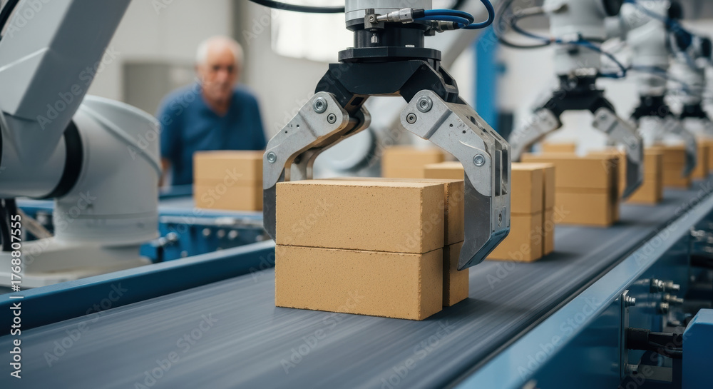 Automated robotic arm sorting cardboard boxes on conveyor belt in ...