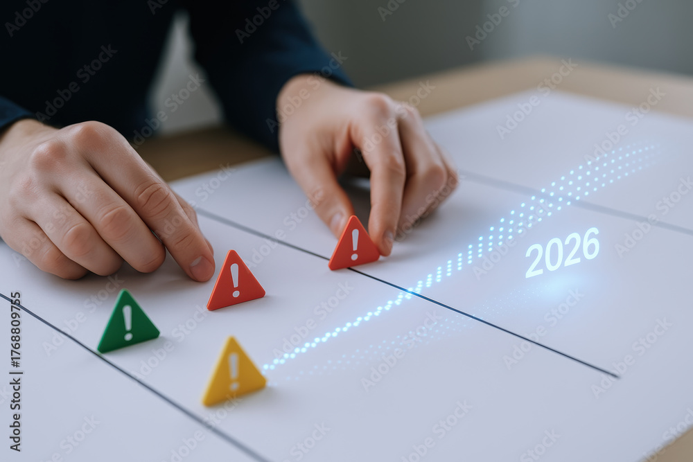 Finance budget forecast 2026 concept with hands arranging warning signs ...