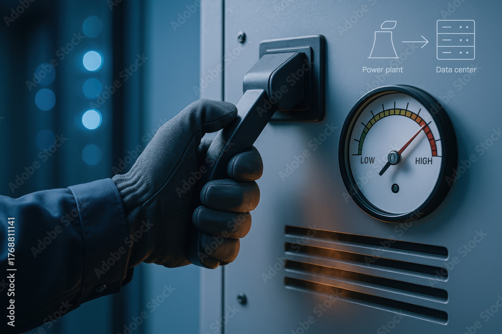 Power switch in data center control panel shows high power level to ...