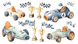 Colorful illustrations of vintage race cars, trophies, and checkered flags, showcasing a playful racing theme.