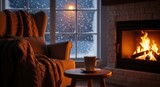 Cozy winter evening scene with warm fireplace, armchairs, steaming mug of hot cocoa, book, glowing string lights. Snow falls outside window, relaxing atmosphere for holiday season.