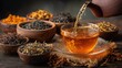 © rach - Fresh amber tea pours from a teapot into a clear cup with dried tea leaves.