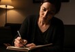 © Meow Creations - Intense woman writing in a notebook, deep in thought under soft lamplight