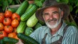 © SOEM - A smiling farmer holding a pile of fresh cucumbers and tomatoes in front of a green vegetable stand.
