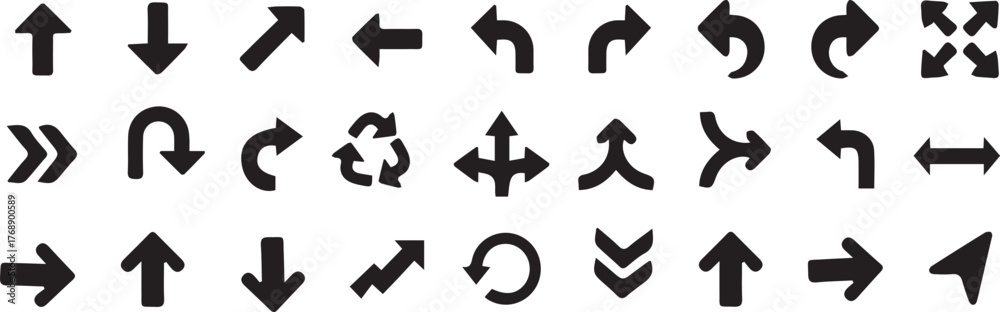 Arrow icons vector set featuring various directions, rotations, and ...