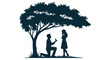 © MD - Romantic marriage proposal silhouette under a lush tree a man kneels offering a ring to a woman symbolizing love engagement and commitment isolated on white background