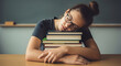 © Inkreatif - Tired student girl sleeping on books for education promotion and time management for educational services campaign