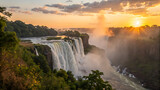 The majestic victoria falls cascade down with immense power as the sun sets, creating a stunning display of natures beauty and raw energy
