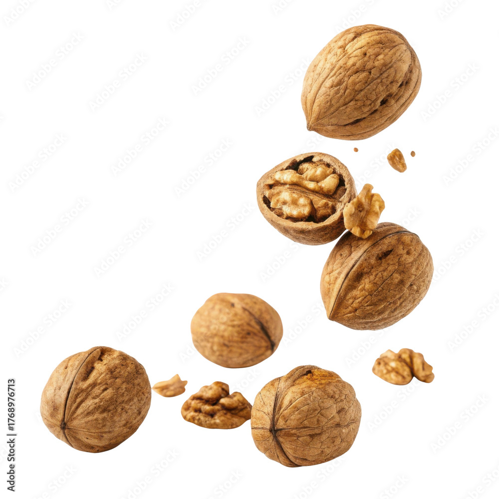 Wholesome organic brown walnut nut falling. Healthy food ingredient and ...
