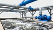 © Sin - Industrial water treatment facility showcasing a blue pump and complex piping system for purification and filtration processes in a modern setting for environmental sustainability and engineering
