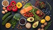 © Feroz - Overhead shot of healthy food ingredients including salmon, avocado, vegetables, nuts, and fruits on a dark background, top view
