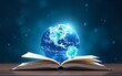 © happy - Opened book with globe digital art abstract blue background/ global knowledge, education, E-learning, international literacy day concept art. High quality