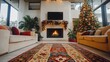 © MindVerse - Cozy Christmas Living Room: A warm and inviting living room is beautifully decorated for the festive season, with a crackling fireplace, and a towering Christmas tree.