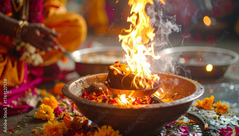 Indian Yajna ritual. Indian Vedic fire ceremony called Pooja. Stock ...