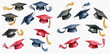 © studio - Watercolor illustration set of various graduation caps in black, blue, and red with flowing tassels.