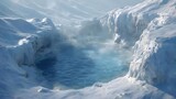 Frozen glacier canyon with a blue ice pool, steam rising as frigid air meets meltwater. Concept Frozen Glacier Canyon, Blue Ice Pool, Steam Rising From Meltwater, Frigid Air Meeting Warm Meltwater