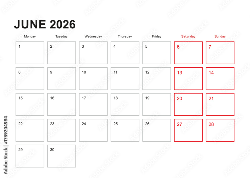 June Next Week Wall planner for June 2026 in English language, week starts in Monday ...