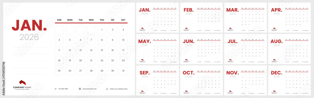 Modern 2026 desk calendar template for company. Monthly calendar layout ...