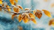 © R - Where autumn meets winter: a dance of leaves and snowflakes. Fantasy poster. Golden leaves on a branch with soft snowflakes and a pale blue background. Promotional poster. Cinema artwork.