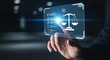 © HADI INCREDIBLE - Man presses a digital button showing scales of justice and checklist, representing legal compliance, regulation and justice concept.