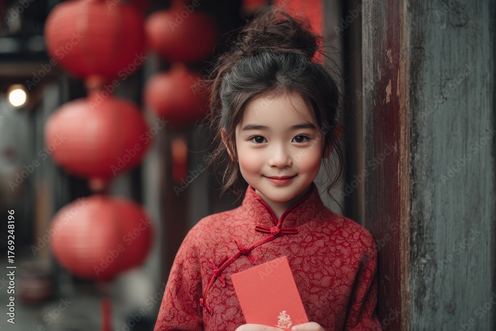 chinese girl in red holding a red envelope Stock Photo | Adobe Stock