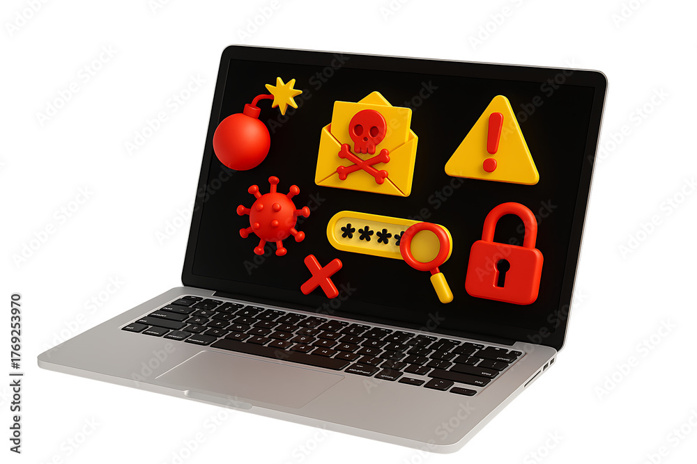 Laptop with digital security concept icons cyber attack virus fraud and ...