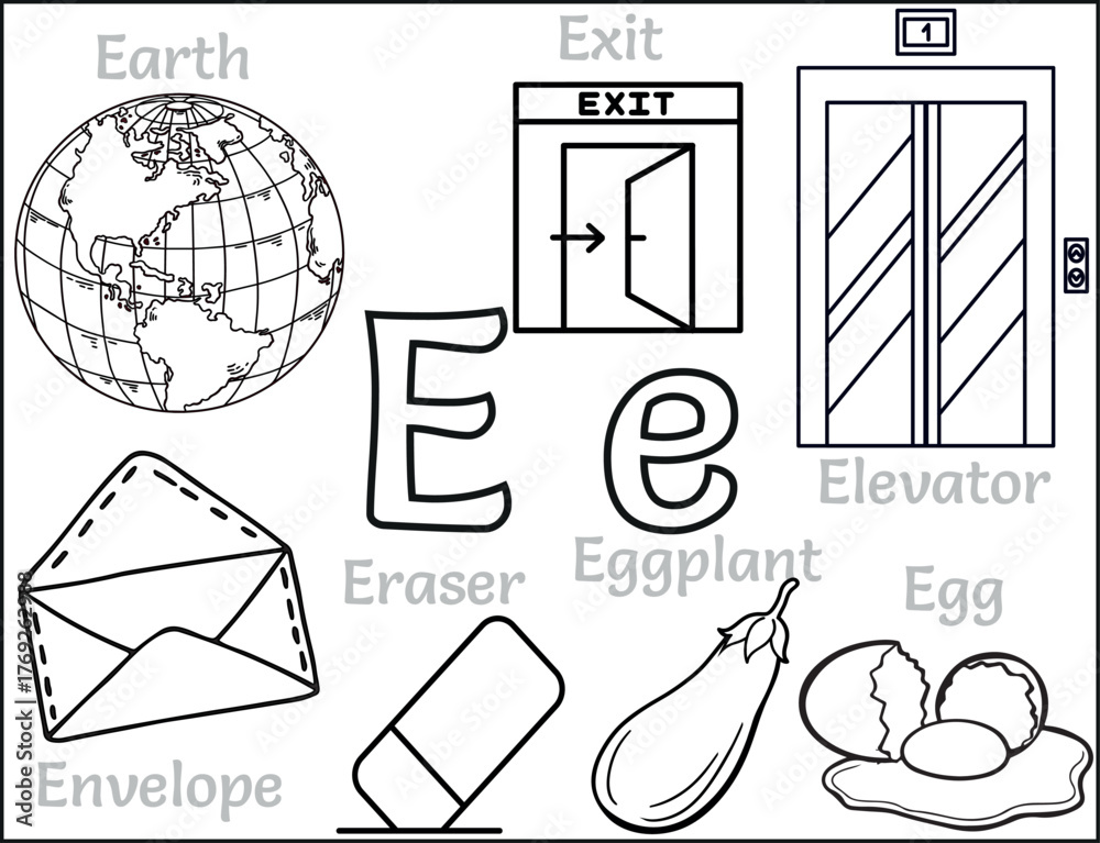 Alphabet Letter E Coloring Page – Educational worksheet with Earth ...