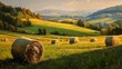 © backup_studio - Rolling hay bales scattered across a vibrant landscape in the late afternoon light, showcasing the beauty of rural hills