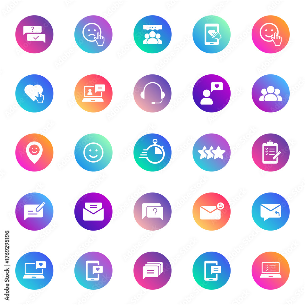 Set of 25 round communication and interaction glyph icons in white ...