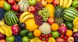 © Sahrul Setiawan - Background photo close up from above a pile of various kinds of fresh fruit covering the image such as melon watermelon apple grapes orange pear pineapple longan cherry banana dragon fruit avocado