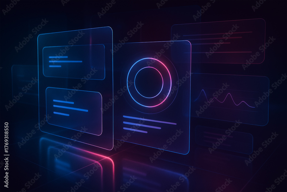 Neon data dashboard with glowing blue, pink and purple panels, central ...