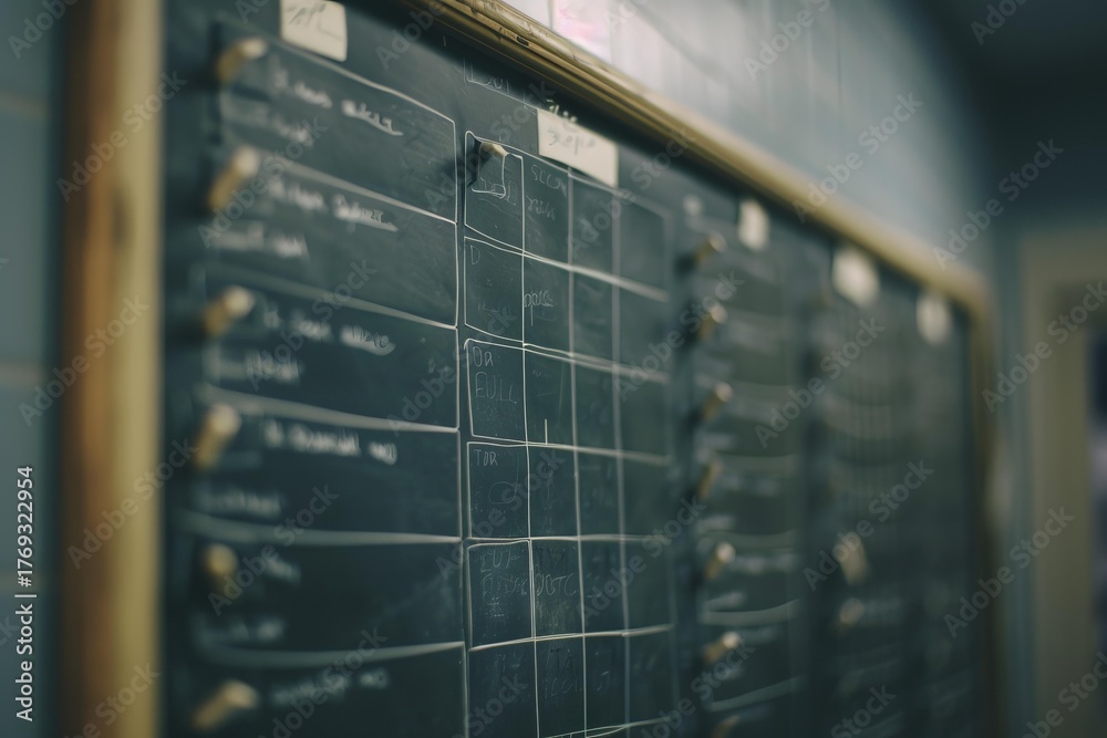 Production schedule written on planning board hanging in television ...