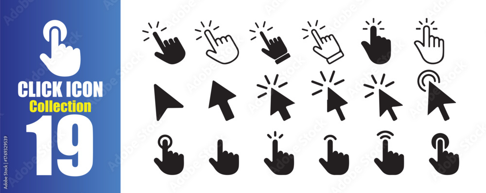 Big Mouse click cursor set. Hand Cursor. Click icon. Mouse pointer set ...