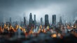 © Kusniwo - Digital data visualization overlays a dense metropolitan skyline shrouded in mist