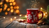 A vibrant Christmas-themed advertising photo featuring a festive mug placed on the right side of the frame. The mug is large, glossy, and richly detailed, with a holiday design — snowflakes, reindeer,