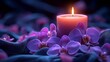 © Anastasiia - Pink candle glowing softly amidst vibrant purple orchids on dark fabric, creating a serene and tranquil atmosphere, perfect for relaxation and meditation concepts