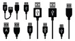 © momotaj - Collection of various usb connector types and cables in black silhouette