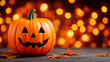 © Synthesia Studio - Halloween jack-o'-lantern pumpkin with glowing lights and autumn leaves on wooden table. Banner with copy space