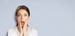 © vgstudio - Wow! Surprise, expressive astonished very happy woman. Cute girl with wide open eyes, mouth raises hands. Unbelievable sales, discounts. Isolate grey grey background with free ad space. Banner image