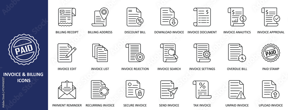 Invoice and Billing Line Icons Set Vector | Receipt, Document, Payment ...