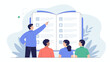 © NAZIR - A teacher points to an open book displaying profiles and text to a group of attentive students in a modern flat illustration style