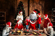 © deagreez - Family gathers for Christmas dinner around a festive table with a decorated tree and gifts as loved ones wear Santa hats and share joyful moments