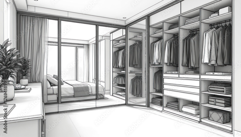 Walk in closet design sketch shows organized storage for clothes ...