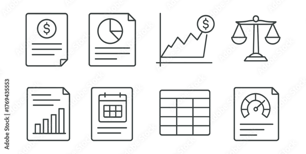 Set of six different graphs and charts, including a balance scale Stock ...