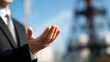 © ryker - Open hand gesture businessman torso suit hand outreach palm offering gesture shallow depth of field blurred background outdoor portrait