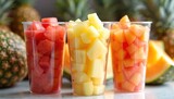 Three plastic cups hold cubed watermelon, pineapple, cantaloupe. Whole fruits like pineapple, melon pieces visible in background, suggesting fresh market display of healthy, colorful, sweet summer