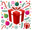 © SadikurRahman - Whimsical Christmas background featuring presents, candy canes, ornaments, stars, snowflakes, and foliage